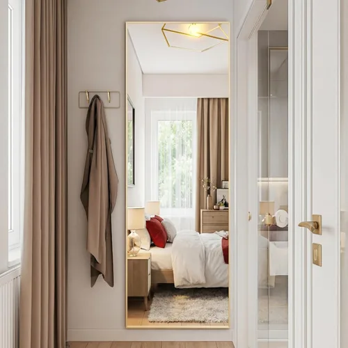Miniatura 6 de DUMOS Espejo dorado de longitud completa de 59 x 16 pulgadas, espejo de cuerpo completo para dormitorio o guardarropa, se puede colocar solo, colgar