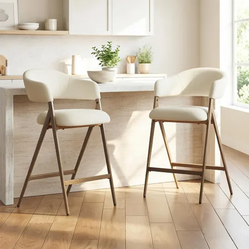 Miniatura 12 de COLAMY Juego de 2 taburetes de bar de 26 pulgadas de altura de mostrador con respaldo, sillas de bar tapizadas modernas con patas de metal para Beige