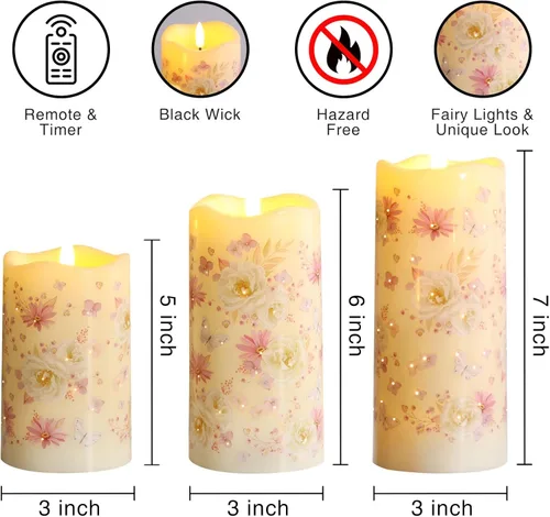 Miniatura 2 de Eywamage Velas de pilar de fibra óptica sin llama con control remoto, velas LED de resorte de mariposa floral parpadeantes para decoración