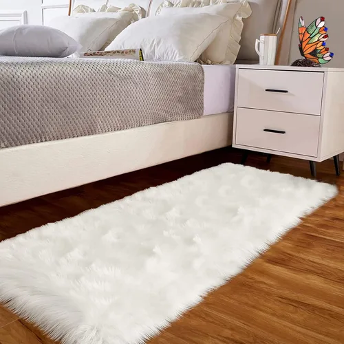 Miniatura 2 de Goolela - Alfombra de pelo sintético blanco rectangular de 2x6 pies, alfombra de piel de oveja sintética para dormitorio, alfombras esponjosas