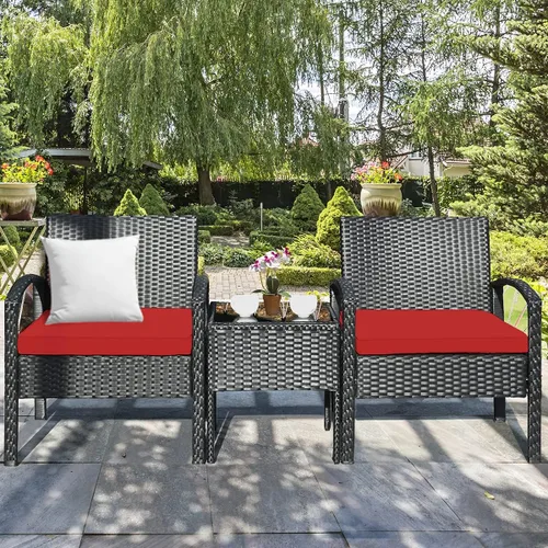 Miniatura 3 de Tangkula Juego de 3 piezas para conversación de patio, juego de sofá de ratán para exteriores con cojines de asiento y mesa auxiliar, juego de Rojo