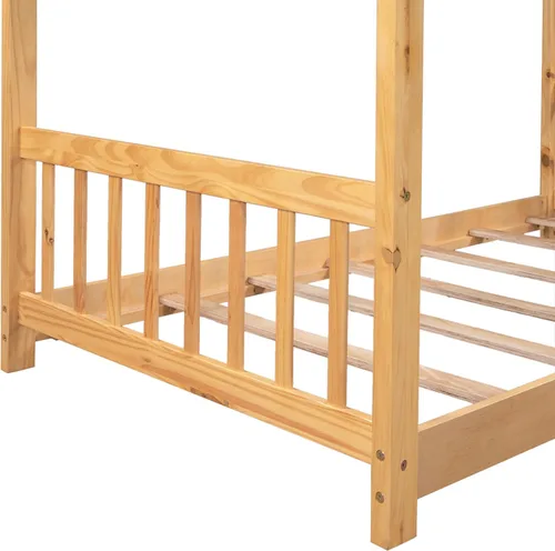 Miniatura 6 de Cama de casa de tamaño individual, cama de plataforma individual con cabecero y estribo, diseño de techo, muebles de dormitorio, natural