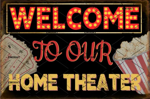 EMOHAT Letrero de metal retro con texto en inglés "Welcome To Our Home Theater" (Bienvenido a nuestro cine en casa), póster de metal vintage,