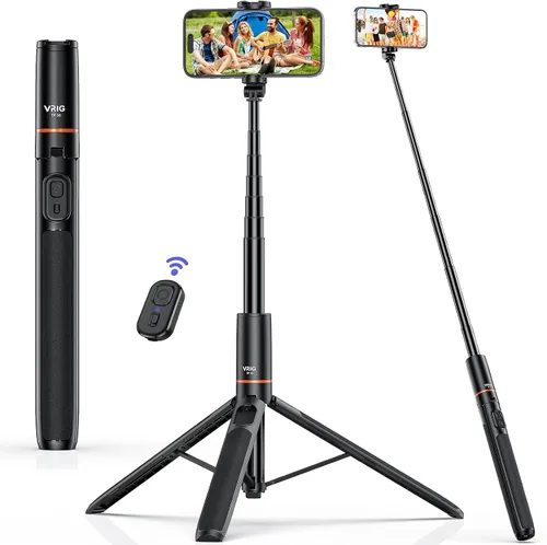 VRIG - Trípode para selfie para teléfono de 63 pulgadas, trípode extensible para teléfono celular con control remoto inalámbrico, soporte de trípode