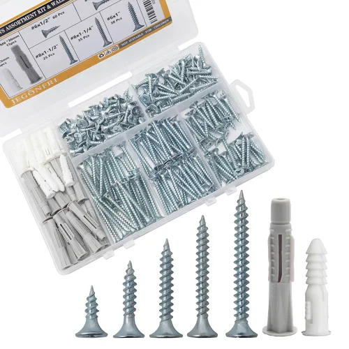 JEGONFRI Kit surtido de tornillos de madera de alta dureza y anclajes de pared de plástico, 203 tornillos de cabeza plana Phillips de 1/2 a 1-1/2