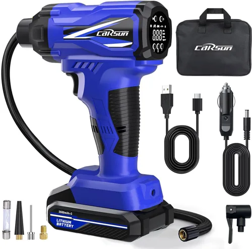 CARSUN Inflador de neumáticos, compresor de aire portátil, bomba de neumáticos de coche inalámbrica con batería recargable de iones de litio 150PSI,