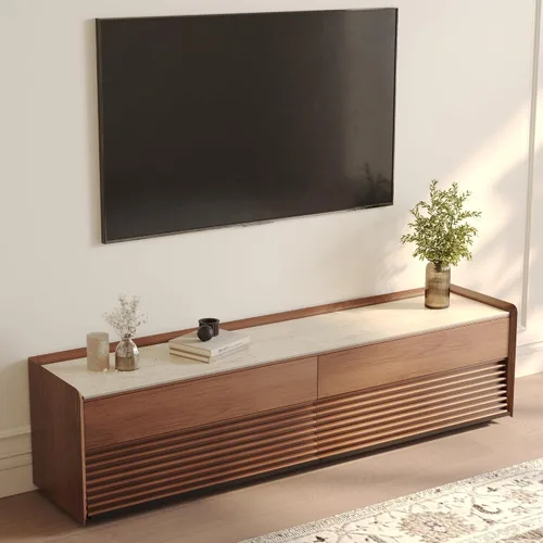 Miniatura 10 de POVISON Soporte de TV moderno de mediados de siglo totalmente ensamblado con luces LED ajustables, consola multimedia de madera, centro