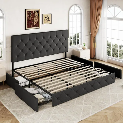 Miniatura 8 de Allewie - Base de cama con plataforma tamaño King, tapizada, con 4 cajones de almacenamiento y cabecera, botones cosidos en forma de diamante, base