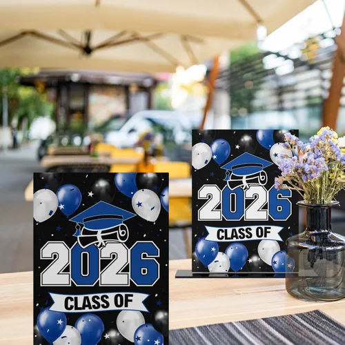 Miniatura 5 de LINGTEER Class of 2026 - Soporte de mesa acrílico con globos azules de graduación para póster, paquete de 2 decoraciones de fiesta de felicitaciones