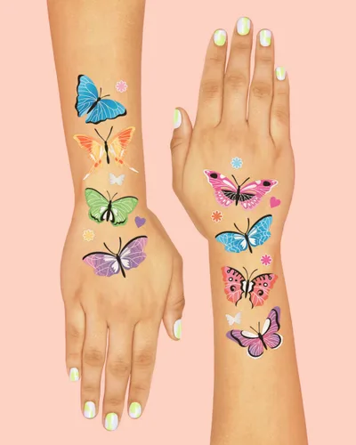 Miniatura 4 de xo, Fetti Tatuajes temporales de mariposa - 46 estilos de purpurina Suministros para fiesta de cumpleaños de hadas arco iris, monarcas, corazones