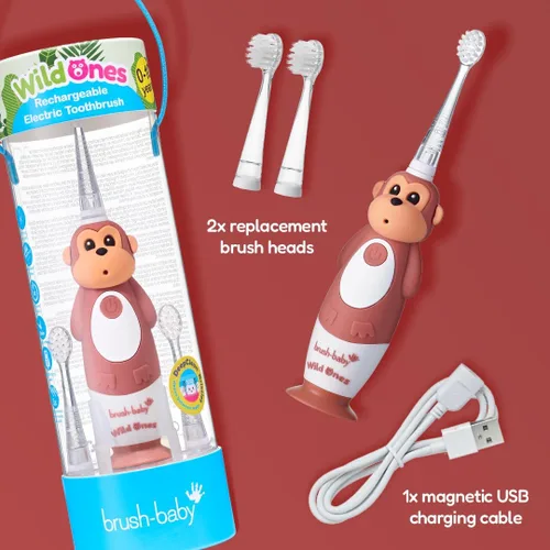 Miniatura 8 de BrushBaby WildOnes - Cepillo de dientes eléctrico recargable para niños, de 0 a 10 años - Diseño de mono con luces intermitentes - Cerdas DeepClean