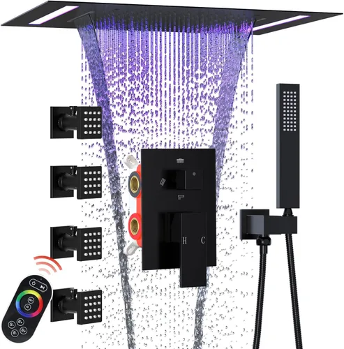 Miniatura 11 de ENGA Sistema de cabezal de ducha de lluvia doble, 2 en 1 funciones de montaje en techo, cabezal de ducha LED de 14 x 20 pulgadas con cabezal de Oro