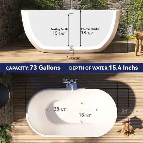 Miniatura 3 de Bañera independiente de acrílico de 59", Bañera independiente, Bañera independiente, Bañera de remojo, Certificado cUPC, SE(Blanco brillante)