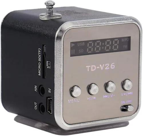 Miniatura 8 de Mini altavoz portátil reproductor de música, radio FM, altavoz estéreo, soporte para tarjeta TF y disco U, diseño breve, mini altavoz perfecto