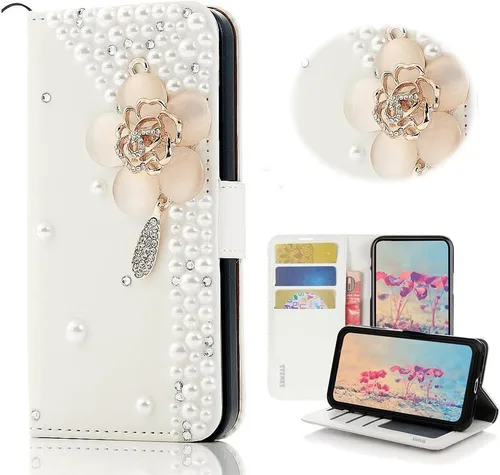 Miniatura 8 de Bling Wallet - Funda de piel compatible con iPhone 15, elegante, hecha a mano en 3D, diseño floral, diseño floral, para niñas y mujeres, con correa