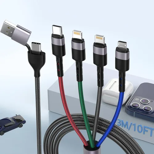 Miniatura 11 de Cable de carga con luz LED que fluye 3 en 1 Lightning/Type C/Micro USB brillante para automóvil para iPhone, cable de carga para automóvil azul