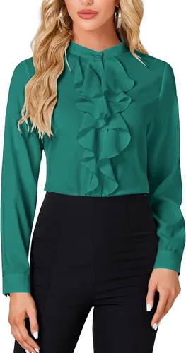Miniatura 13 de LYANER - Blusa de cuello alto con botones, volantes en el frente, manga larga, camisa de trabajo para mujer