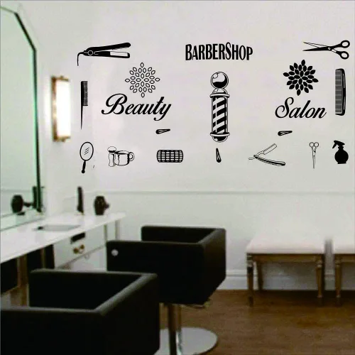 Miniatura 5 de Peluquería salón de belleza barbería calcomanía de pared arte vinilo afeitadora pin set de calcomanías decorativas herramientas de peluquería