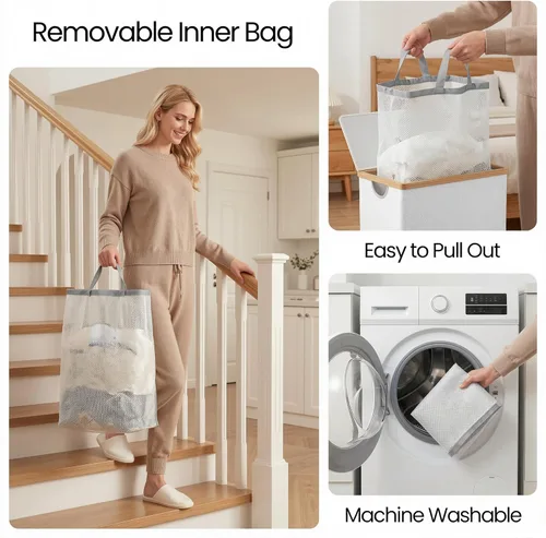 Miniatura 8 de efluky Cesta de lavandería con tapa y bolsa extraíble, cesta de lavandería de 100 litros de alto con asas de bambú, papelera estética para ropa Gris