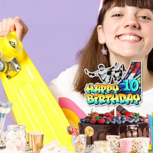 Miniatura 4 de Decoración de pastel de patineta retro hip hop, temática musical de décimo cumpleaños, decoración de grafiti feliz para niños y niñas, decoración