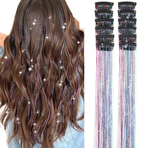 Paquete de 12 piezas de accesorios para el cabello con purpurina colorida de 20 pulgadas, extensiones de oropel con clip, accesorios para el cabello