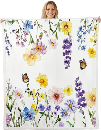 Manfei Country Rustic Flannel Fleece Throw Blanket 40"x50" Watercolor Flowers Fuzzy Blanket for Sofa Couch Daisy Lavender Butterfly All Season Bed