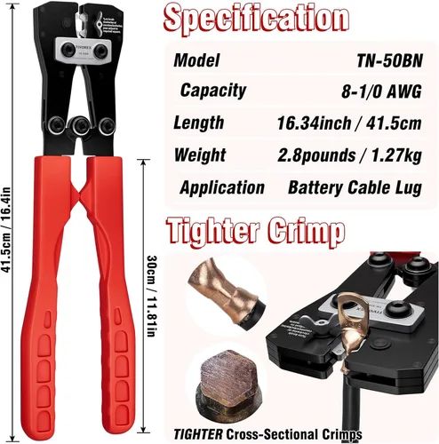Miniatura 4 de Herramienta de prensado de cables de batería para terminales de cobre AWG 8-1/0, crimpadora de terminales de batería resistente, crimpadora
