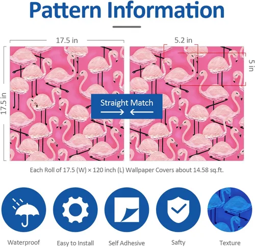 Miniatura 7 de Papel tapiz de flamenco rosa para despegar y pegar, papel tapiz de animales rosa de 17.5 x 120 pulgadas, papel de pared autoadhesivo para despegar