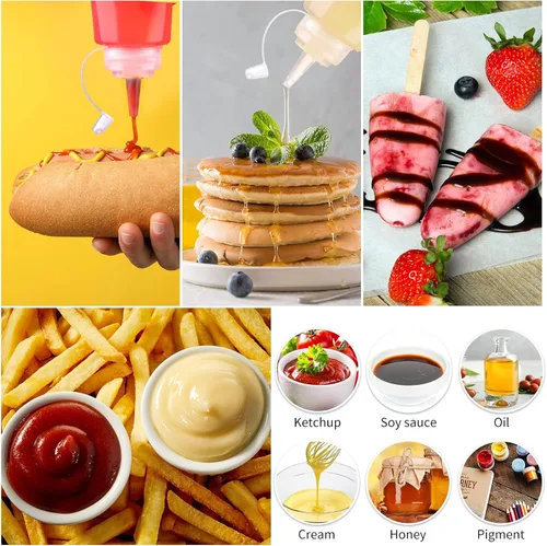 Miniatura 4 de Xinnun 24 botellas de plástico para exprimir condimentos, a prueba de fugas, botellas multiusos con tapa superior giratoria para salsas, ketchup