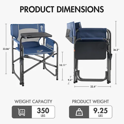 Miniatura 3 de Portal Silla de director plegable con mesa auxiliar giratoria de 2 vías, silla de campamento resistente de 300 libras con bandeja giratoria