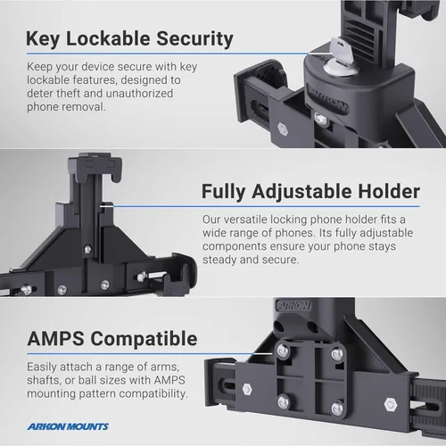 Miniatura 5 de ARKON Soporte de teléfono robusto con bloqueo con base de taladro AMPS de metal de 4 agujeros