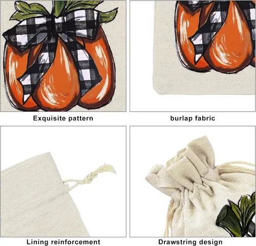 Miniatura 3 de Whaline Paquete de 24 bolsas de arpillera de otoño, bolsas con cordón de calabaza, bolsas de regalo de calabaza a cuadros de acuarela, bolsa