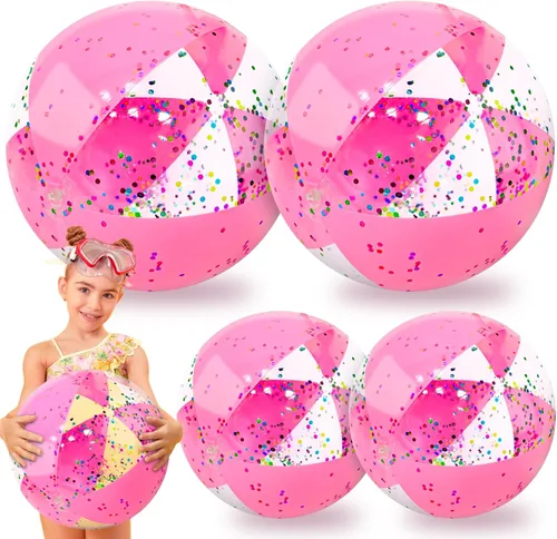 TURNMEON 5 Pelotas de Playa con Purpurina, Jumbo de 24 Pulgadas y 16 Pulgadas con Lentejuelas Rosas Pelotas de Playa Inflables para Niños Pequeños y