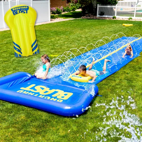 Backyard Blast - Tobogán acuático de 30 pies con zona de salpicaduras cuadrada - Fácil de instalar - Extra grueso para evitar rasgaduras y desgarros