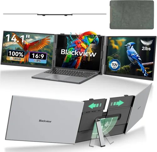 Blackview DCM6 - Extensor de pantalla triple para laptop, pantalla externa portátil 1080P FHD IPS de 14 pulgadas, dos cables USB C de viaje para