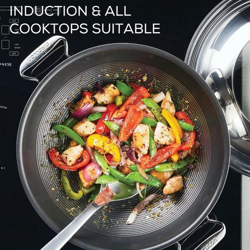 Miniatura 7 de Circulon Clad Wok/Stir Fry de acero inoxidable con tapa de vidrio y tecnología híbrida SteelShield y antiadherente, 14 pulgadas, color plateado
