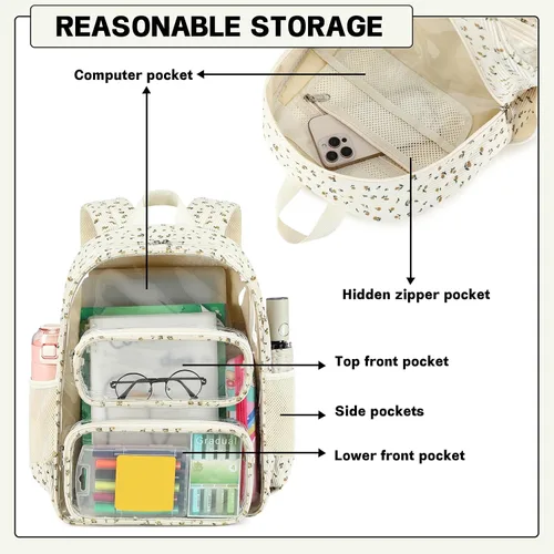 Miniatura 71 de CAMTOP Mochila transparente resistente y transparente para estudiantes, escuela, trabajo, festival, viajes, deportes, Beige, Mediana, Camtop Mochila