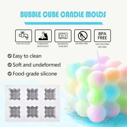 Miniatura 4 de Moldes de vela de burbujas 3D - Molde de cubo de silicona de 6 cavidades para hacer velas y jabón, molde de pastel de burbujas para hornear postres