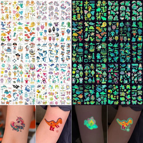 Tatuaje temporal brillante para niños, 400 piezas de estilo mixto que brillan en la oscuridad, tatuajes adhesivos de