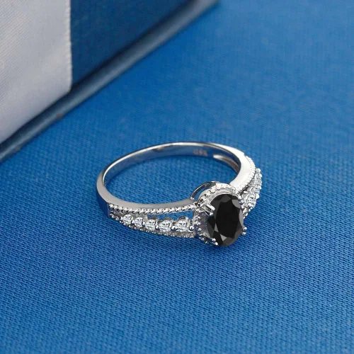 Miniatura 4 de Anillo de compromiso con piedra natal y topacio blanco para mujer en plata de ley 925 ovalado de 0.276 x 0.197 in Elegante diseño de vástago