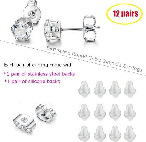 Miniatura 5 de LOYALLOOK 12 pares de aretes de acero inoxidable con circonita cúbica redonda de corte brillante para mujer, Piedra Diamante Circonita cúbica Piedra