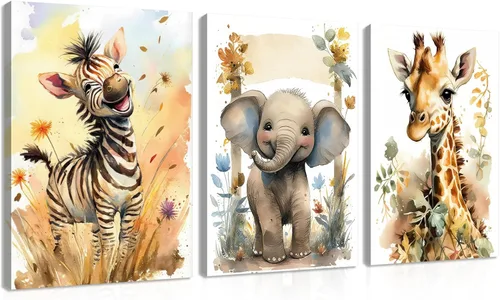 Juego de 3 Arte de Pared de Animales del Bosque, Lienzo de Decoración de Pared con Imágenes de Animales Salvajes para Guardería, Lindo Póster de