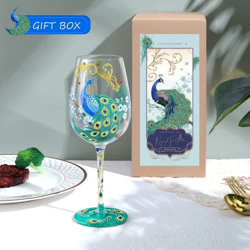 Miniatura 5 de NymphFable Copa de vino pintada a mano color pavo real, diseño artesanal pintado 15oz, regalo personalizado para tu mejor amigo