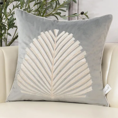 Aeckself - Funda de cojín decorativa de terciopelo, 18 x 18 pulgadas, hojas grises y blancas, con bordado, diseño cuadrado, con borde cosido, funda