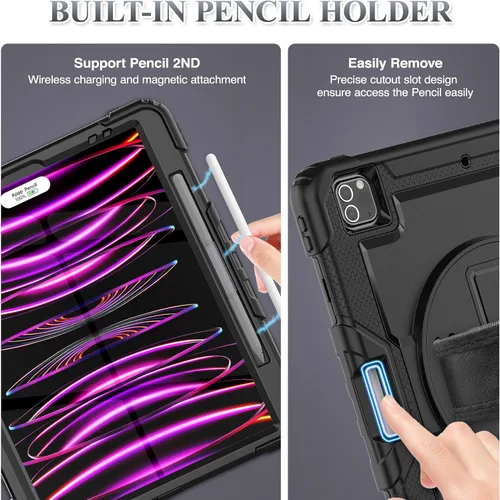 Miniatura 6 de SEYMAC stock Funda para iPad Pro de 12.9'' 2022/2021/2020/2018 con protector de pantalla giratorio 360 y correa de mano, funda a prueba de caídas
