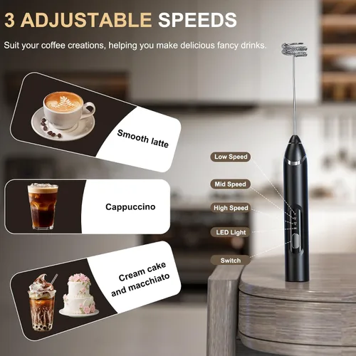 Miniatura 3 de Espumador de leche recargable para plantas, espumador de leche de café de 3 velocidades portátil con 2 batidores de acero inoxidable desmontables