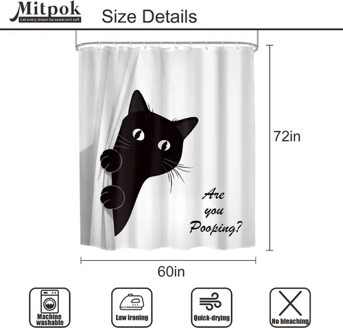 Miniatura 4 de Divertida cortina de ducha de gato negro de 60 pulgadas de ancho x 72 pulgadas de alto para niños, diseño de gatito blanco y negro, lindo animal are
