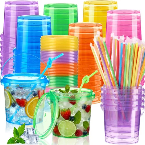 Miniatura 10 de Funnymoom Paquete de 36 cubos de plástico para ron para bebidas con pajita, cubeta de cóctel para helado, con tapas y asas, recipientes de alimentos