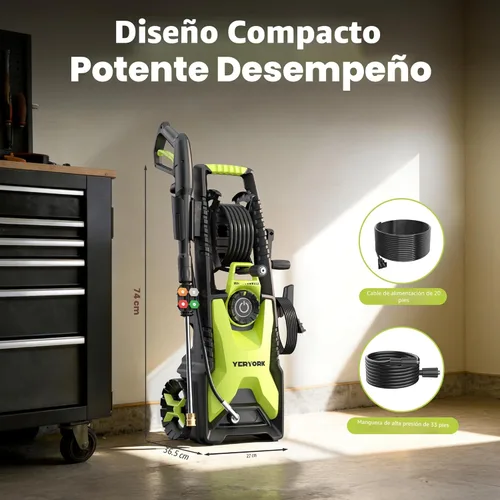 Miniatura 9 de Yeryork Lavadora a presión PSI ajustable de 5000 máximos, lavadora de potencia de 2.5 GPM máximo con carrete de manguera retráctil de 33 pies, lanza