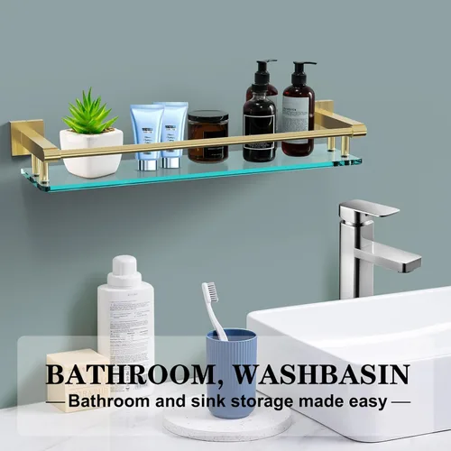 Miniatura 3 de Estante de vidrio para baño, vidrio templado de 20 pulgadas con barandilla de acero inoxidable dorado cepillado, estantes de vidrio flotantes